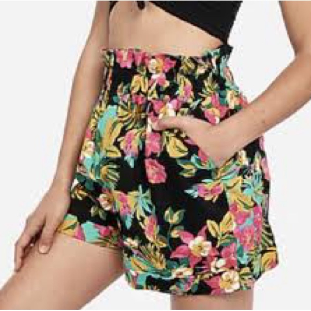 Express Floral High Waist Shorts - Black, Pink, Yellow, Green